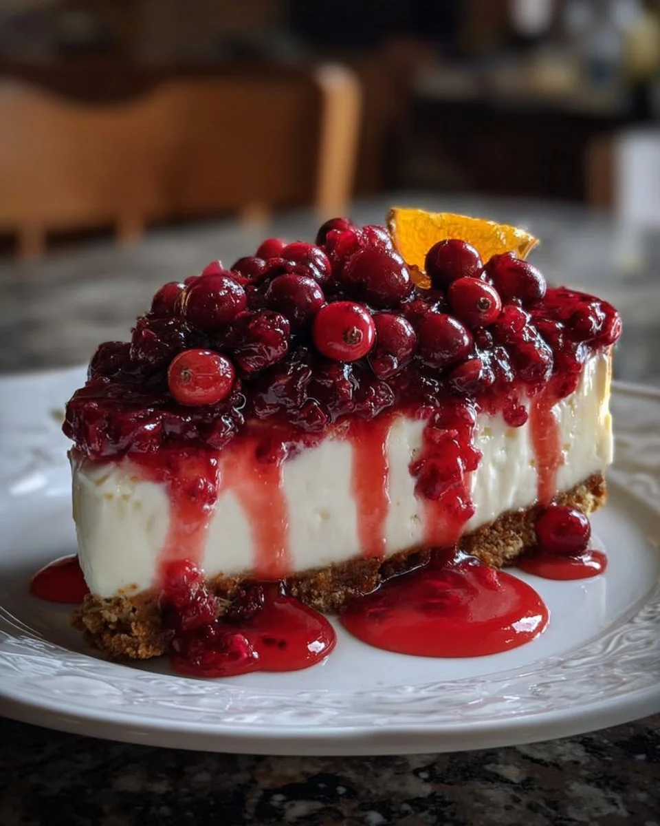 No bake cranberry orange cheesecake topped with fresh cranberries and orange slices