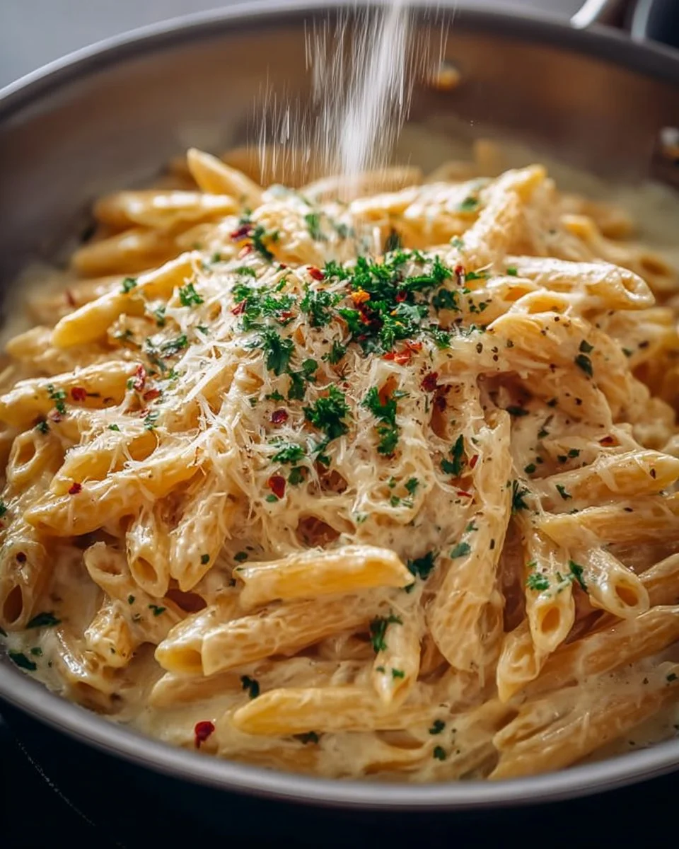 One Pot Creamy Garlic Pasta served in a bowl with fresh herbs.