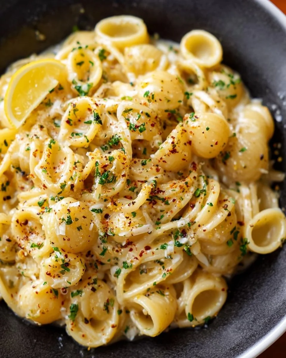 One Pot Garlic Butter Pasta with herbs and ingredients in a skillet