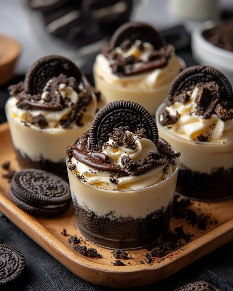 Delicious Oreo Cheesecake Cups topped with crushed Oreos and chocolate drizzle