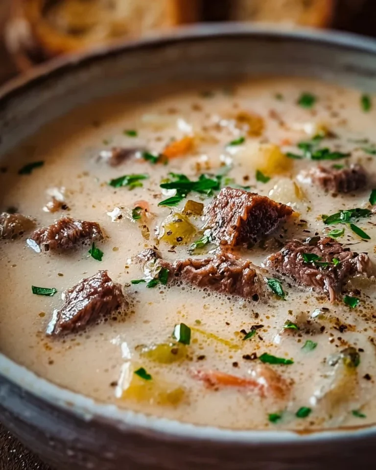 Bowl of rich and creamy Philly cheese steak soup topped with cheese and peppers