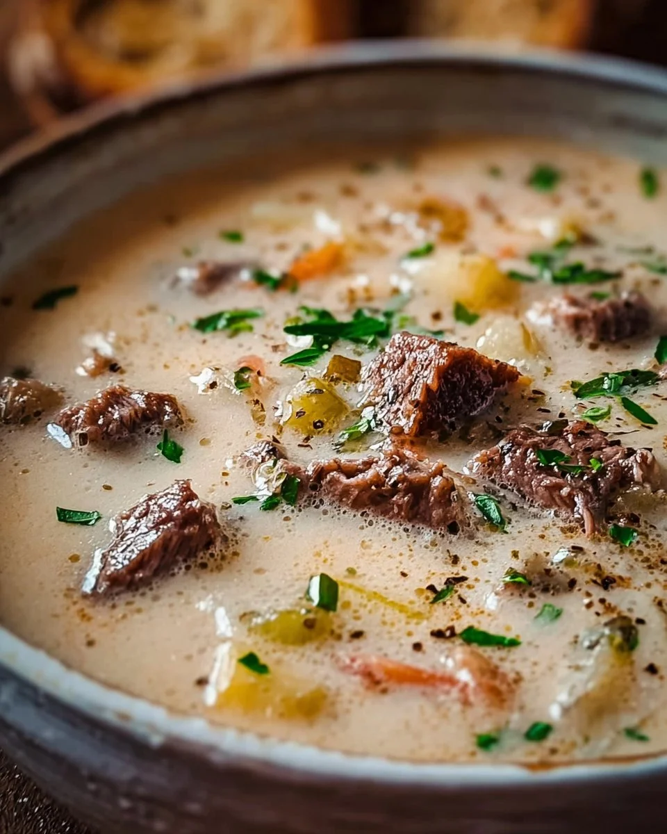 Bowl of rich and creamy Philly cheese steak soup topped with cheese and peppers