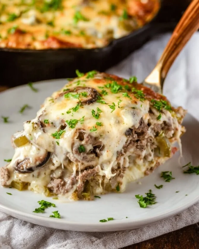 Philly Cheesesteak Casserole topped with melted cheese and peppers