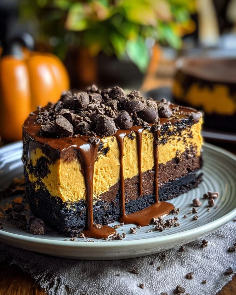 Pumpkin cheesecake topped with chocolate brownie layers, a delicious autumn dessert