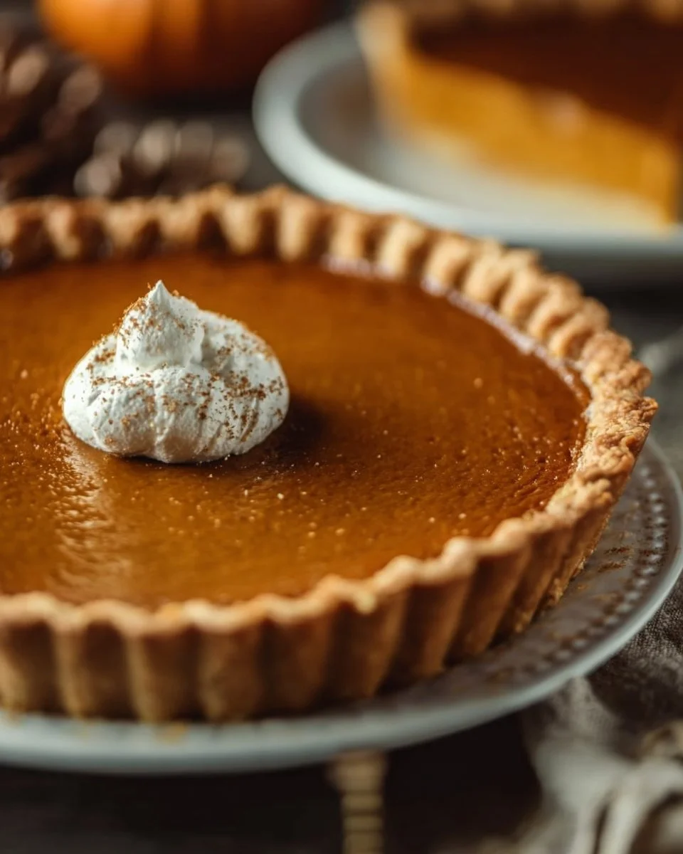 Homemade pumpkin pie topped with whipped cream on a rustic wooden table.