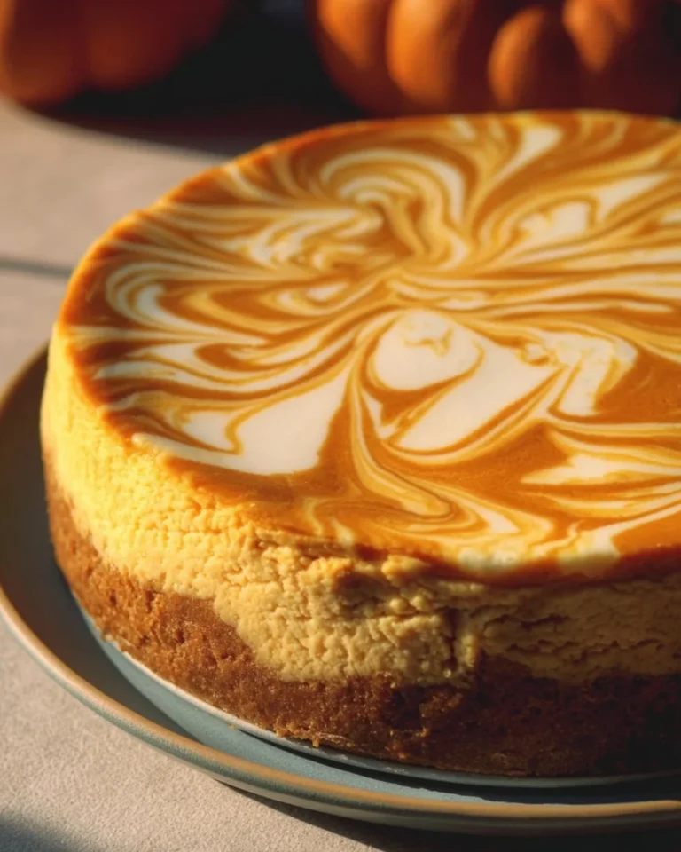 Delicious Pumpkin Swirl Cheesecake topped with creamy pumpkin swirl and spices
