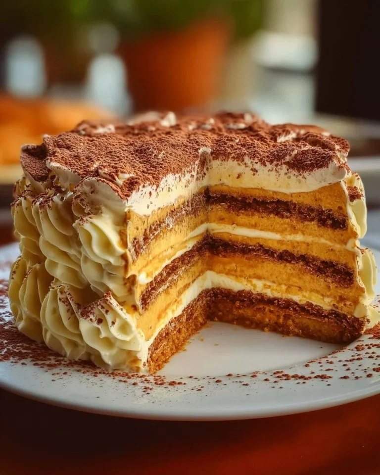 Delicious Pumpkin Tiramisu Layer Cake with creamy frosting and pumpkin flavor