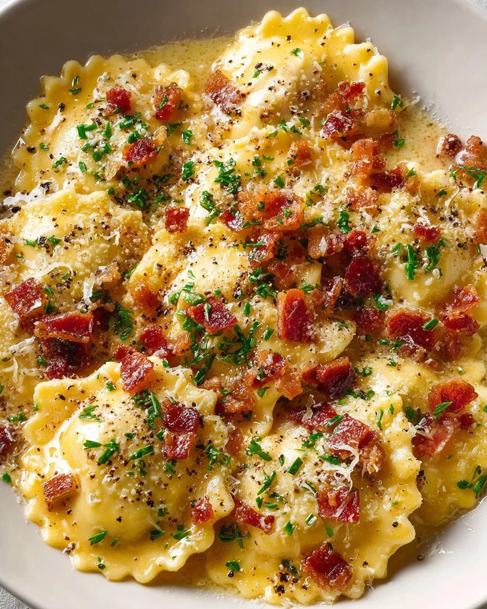 Delicious plate of Ravioli Carbonara topped with parsley and cheese