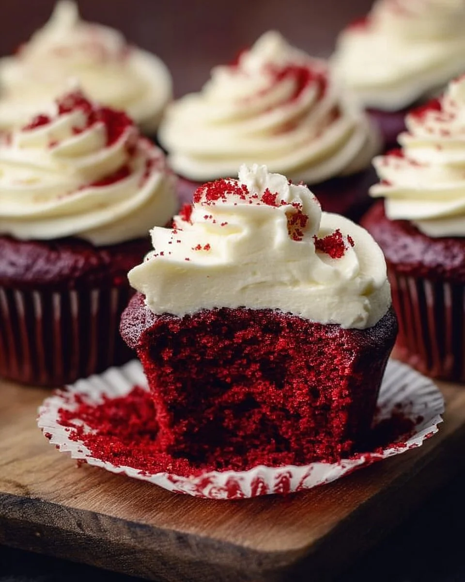 Delicious red velvet cupcakes topped with cream cheese frosting on a white plate