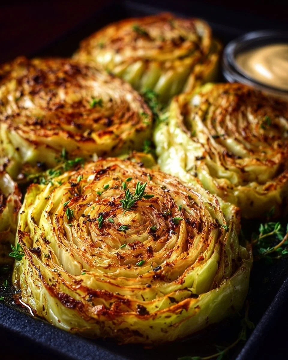 Roasted cabbage steaks served with seasoning and herbs on a plate