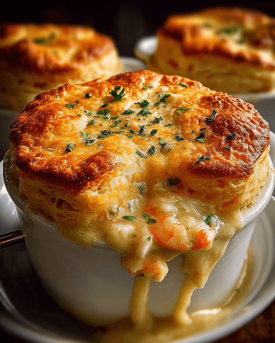 Cheddar Bay Biscuit Seafood Pot Pie topped with golden biscuits and creamy filling