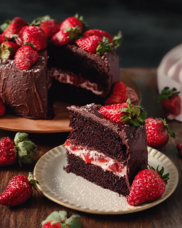 Delicious Strawberry Chocolate Cake topped with fresh strawberries and chocolate glaze.