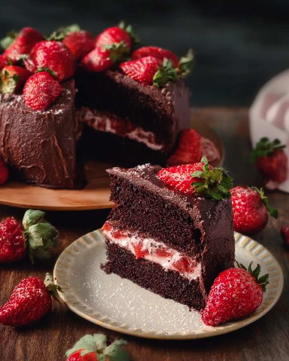 Delicious Strawberry Chocolate Cake topped with fresh strawberries and chocolate glaze.