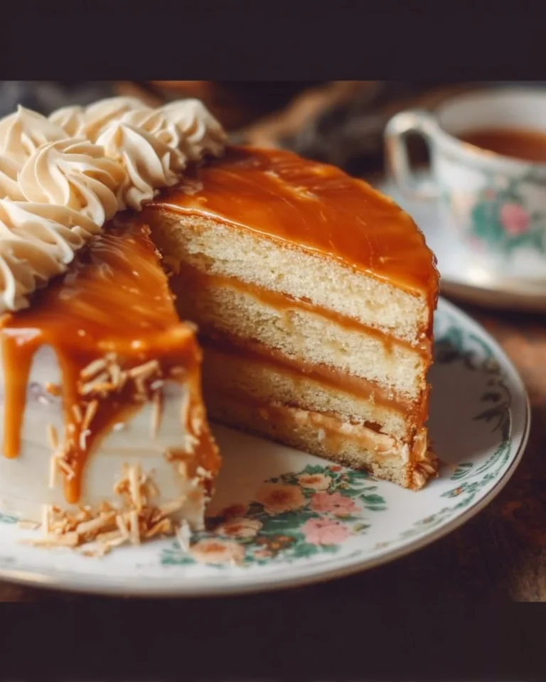 Delicious salted caramel cake topped with creamy frosting and sea salt flakes.