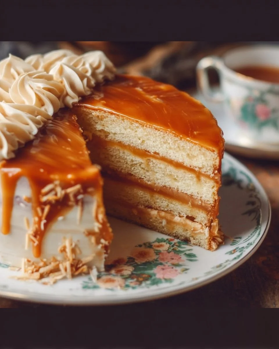 Delicious salted caramel cake topped with creamy frosting and sea salt flakes.