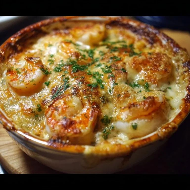 Delicious seafood gratin dish topped with cheese and herbs, fresh from the oven.