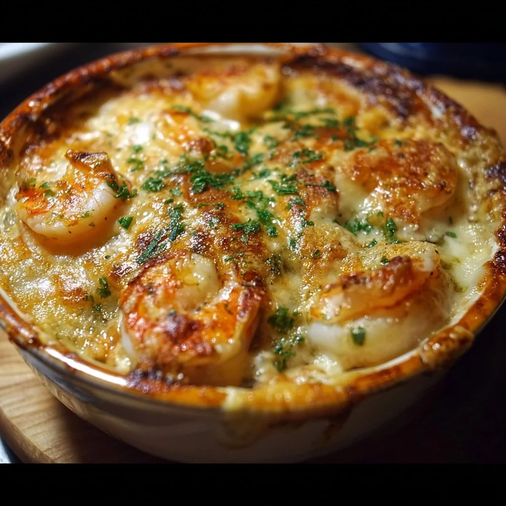 Delicious seafood gratin dish topped with cheese and herbs, fresh from the oven.