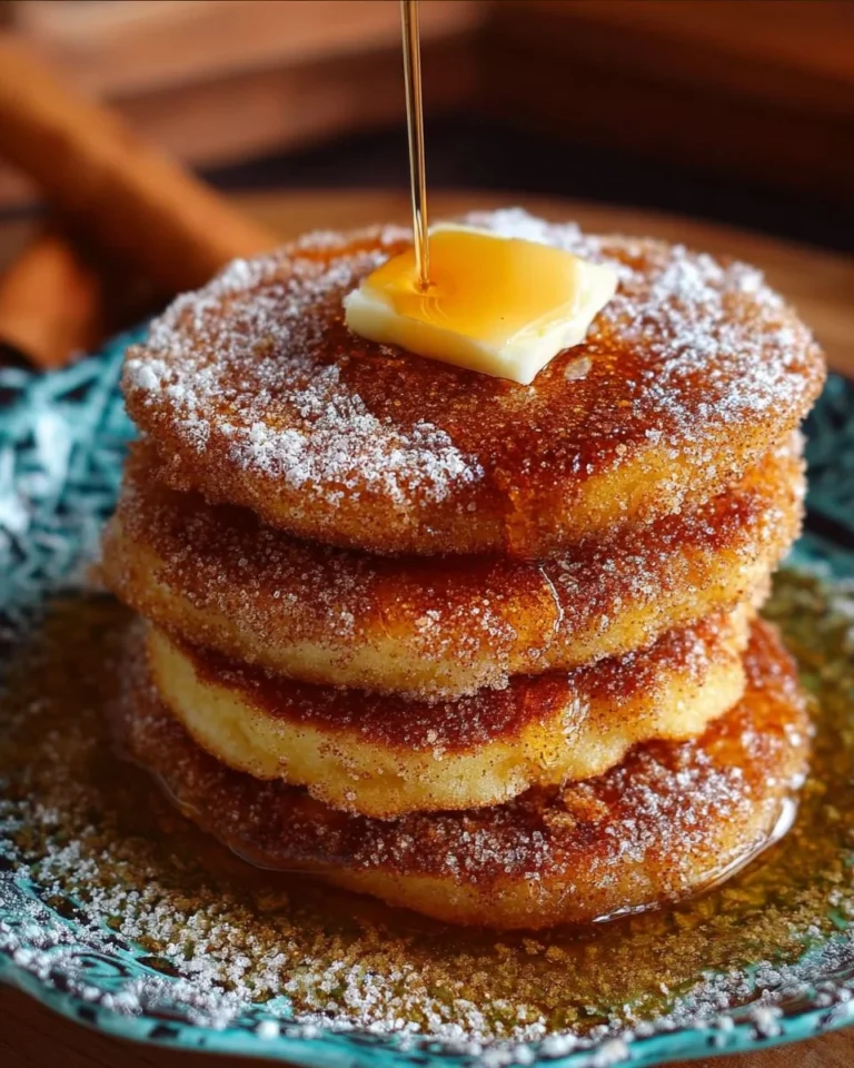 Fluffy churro pancakes topped with cinnamon and sugar