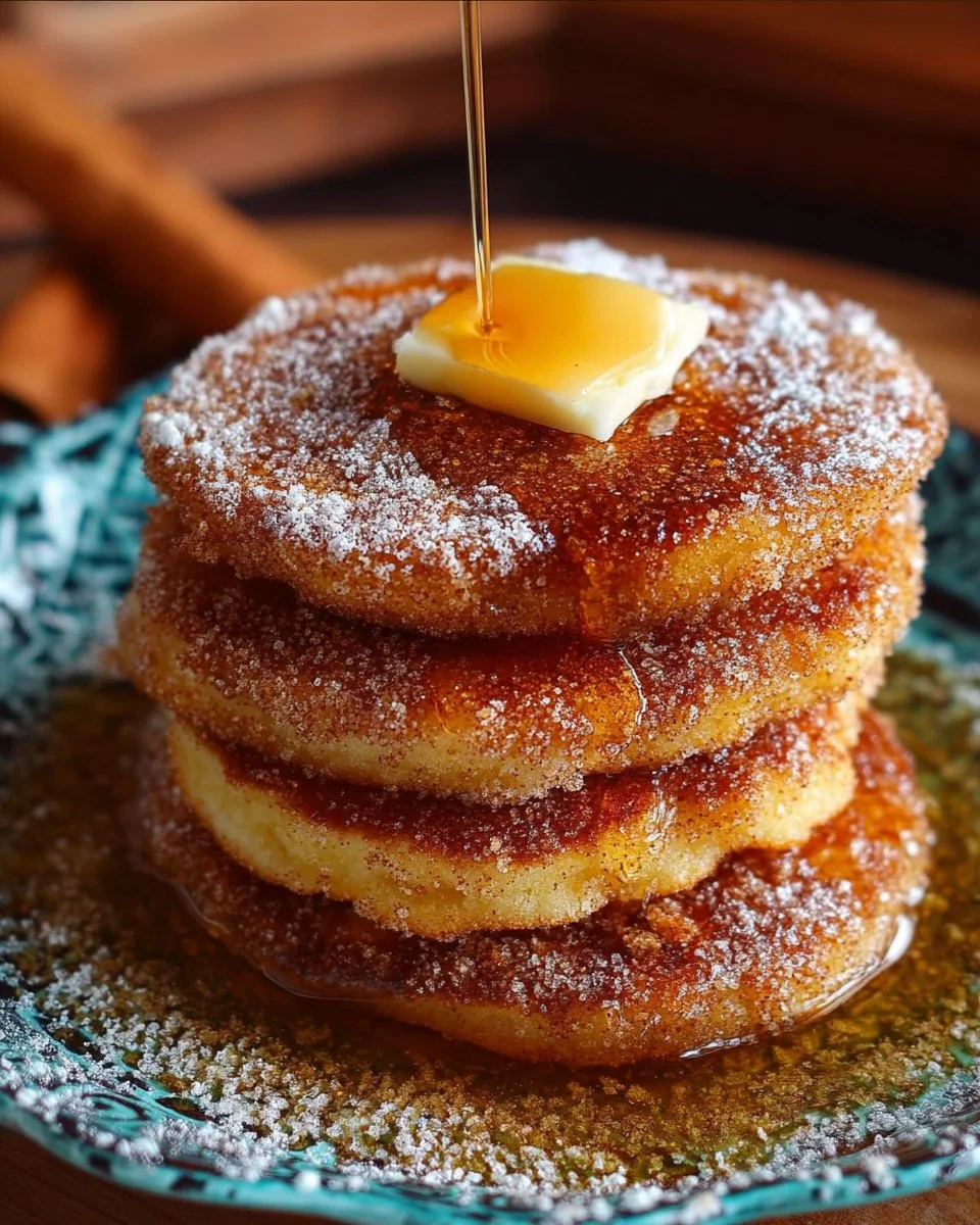Fluffy churro pancakes topped with cinnamon and sugar