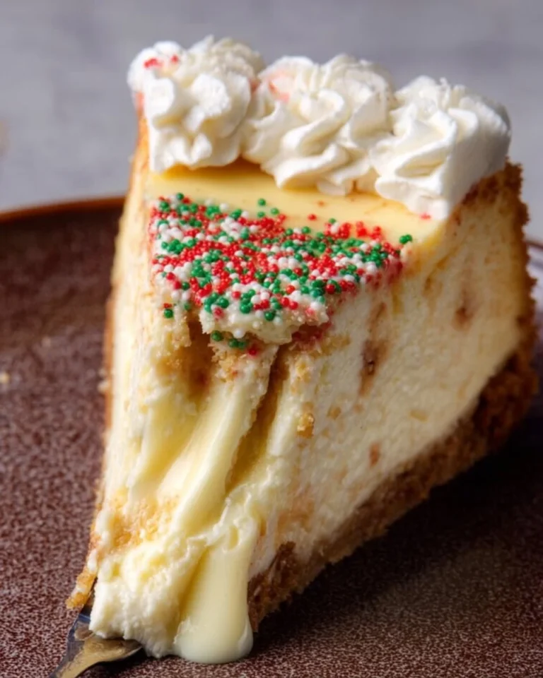 Delicious slice of sugar cookie cheesecake with colorful sprinkles on top