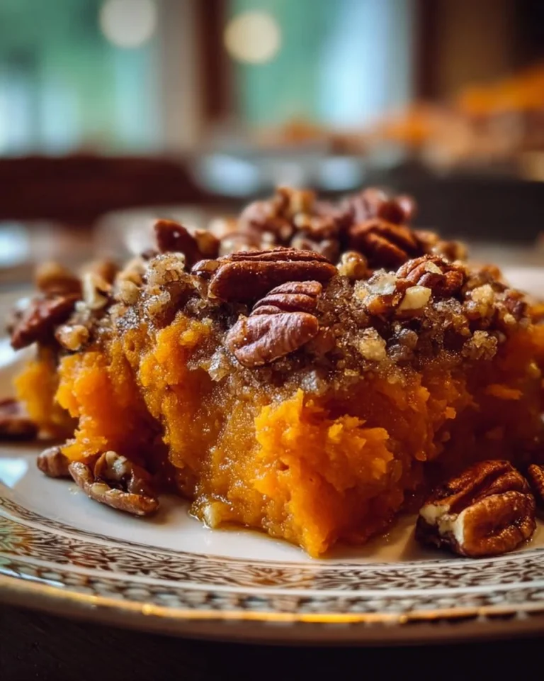 Sweet potato casserole topped with buttery pecans, a delicious holiday dish.