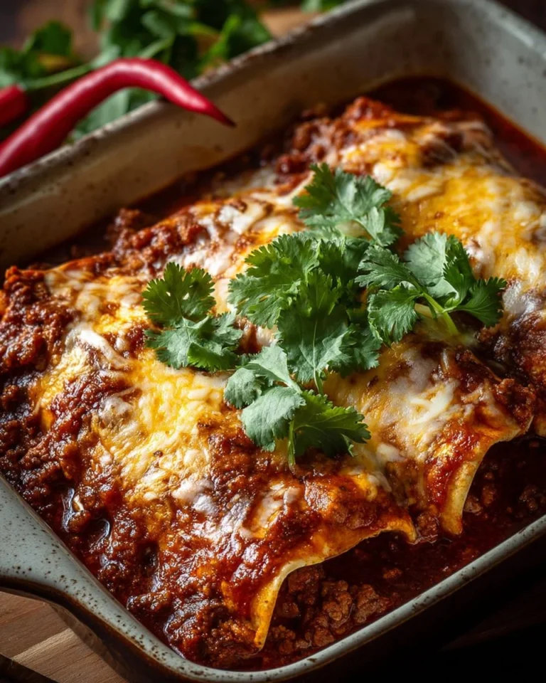 Plate of savory Tex-Mex beef enchiladas topped with cheese and salsa