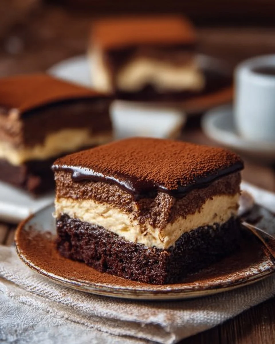 Delicious homemade tiramisu brownies served on a decorative plate