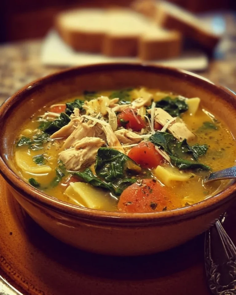 Bowl of delicious Tuscan Chicken Soup with vegetables and herbs