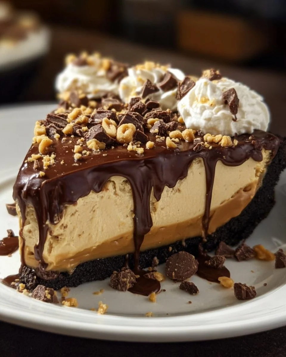 Slice of unbelievable peanut butter pie topped with whipped cream and chocolate drizzle.