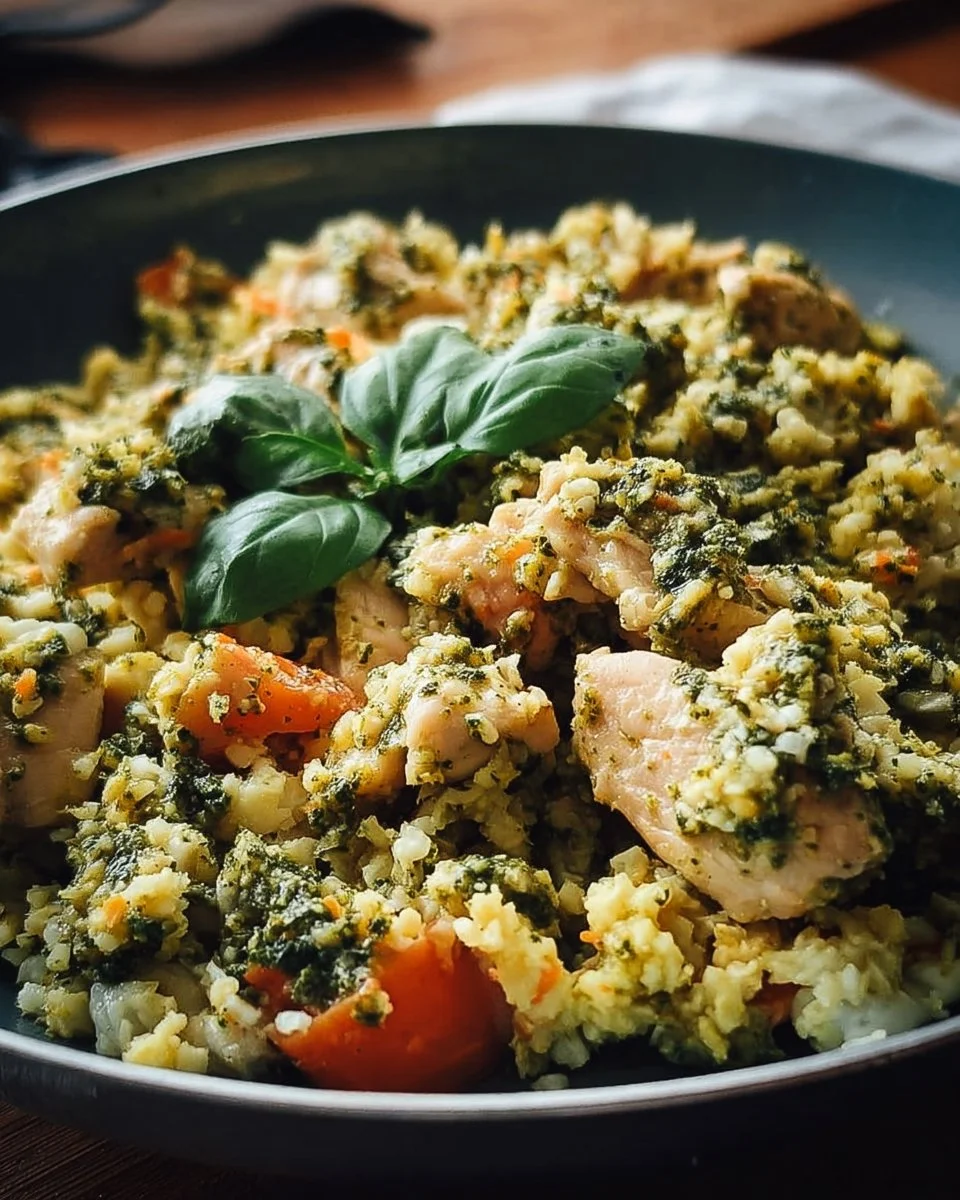 15-minute chicken cauliflower rice with pesto served in a bowl