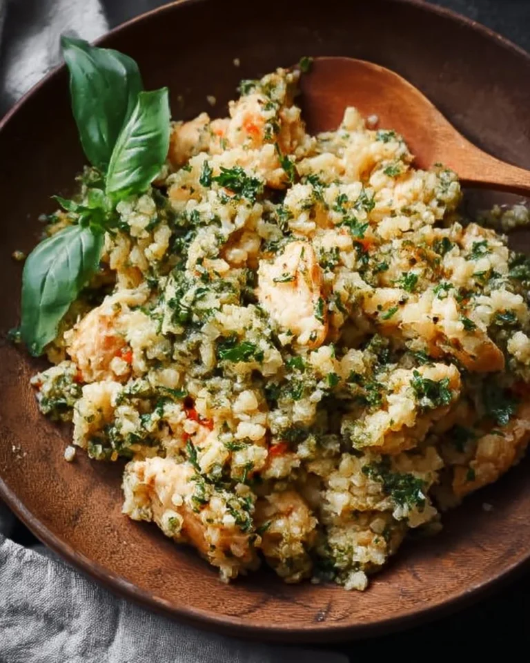 15-minute chicken cauliflower rice with pesto dish served in a bowl