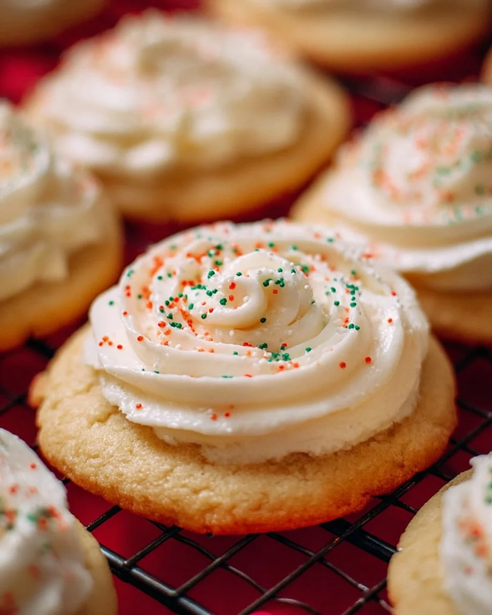 Delicious sugar cookies topped with cream cheese frosting on a decorative plate