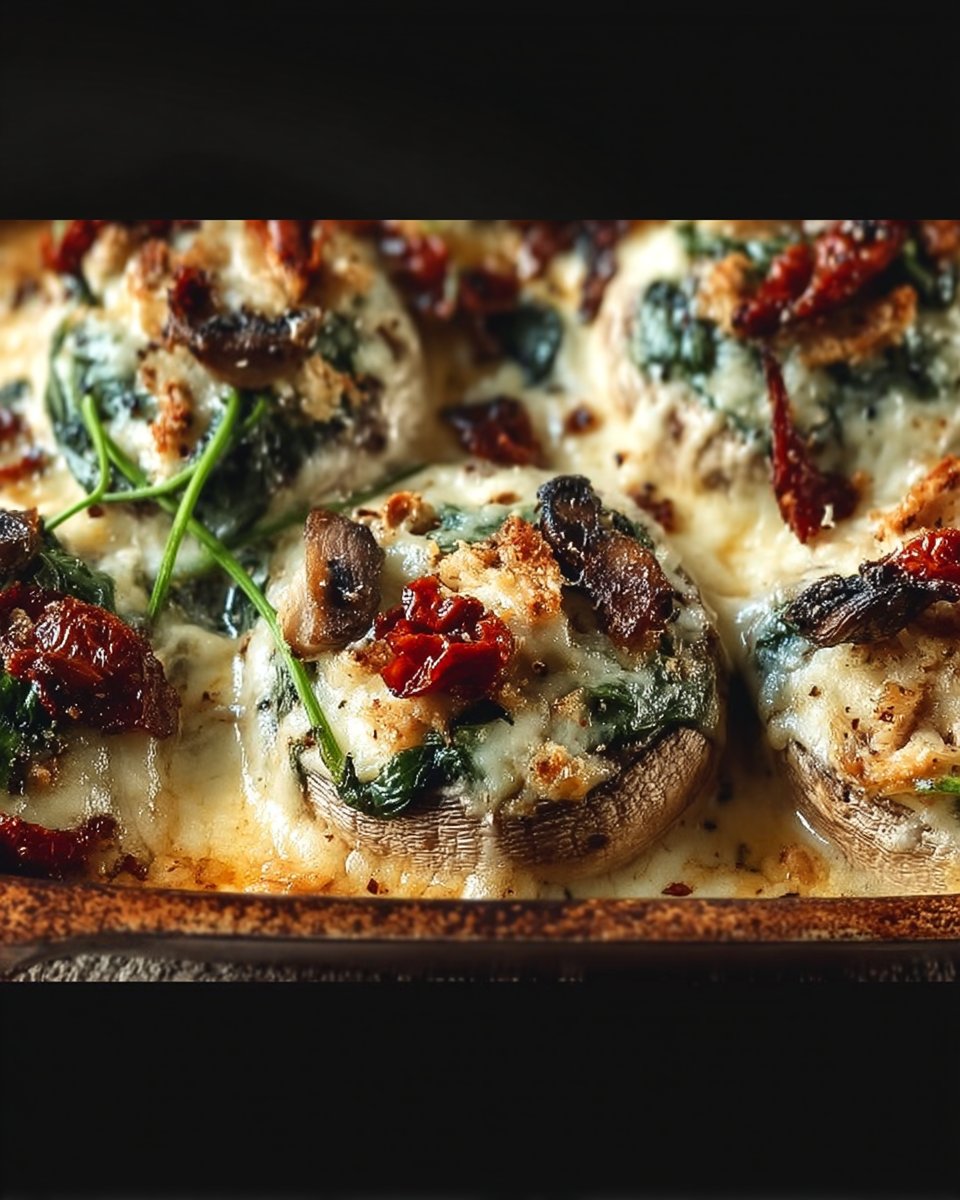 Creamy Baked Mushrooms with Spinach, Sun-Dried Tomatoes & Chicken