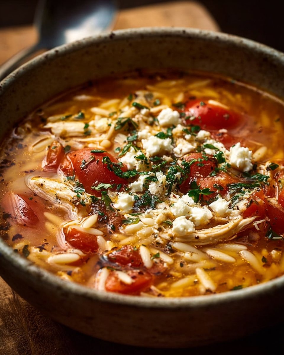 Greek Chicken Orzo Soup with Feta and Tomatoes