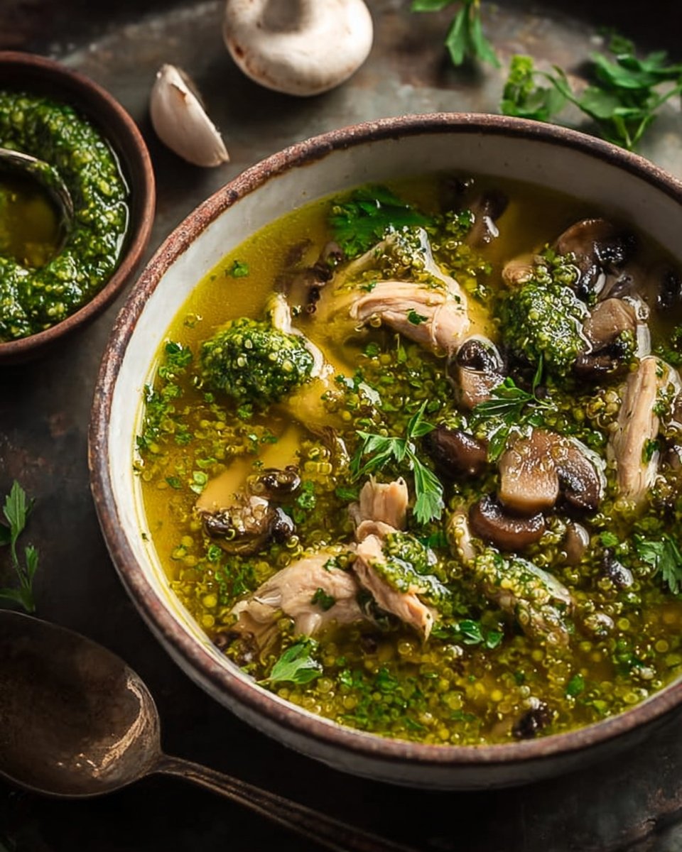 Green Chicken Quinoa Soup with Mushrooms & Fresh Herb Paste: A Nourishing Bowl of Comfort and Bright, Herbal Flavor