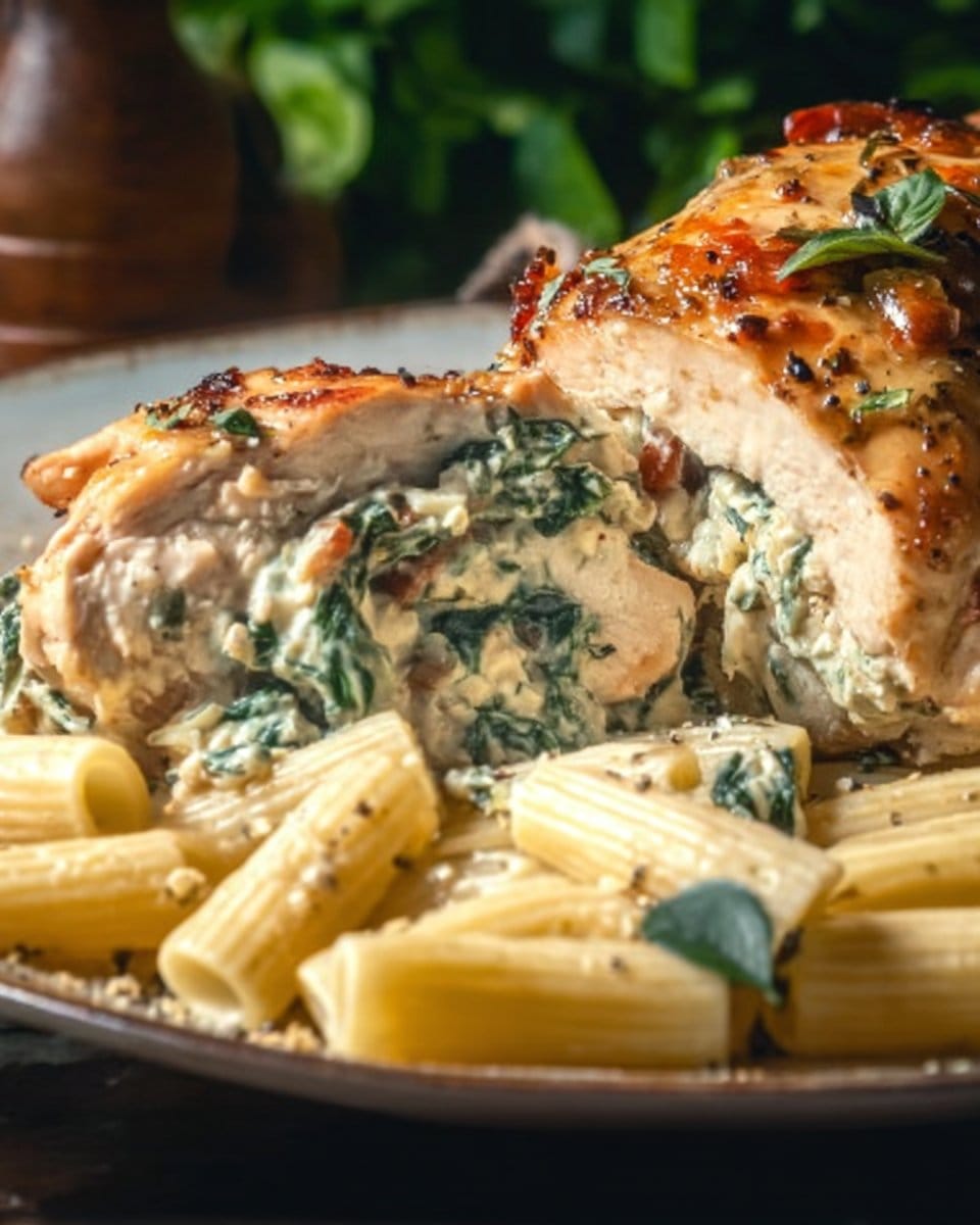 Creamy Stuffed Chicken with a Creamy Spinach Rigatoni