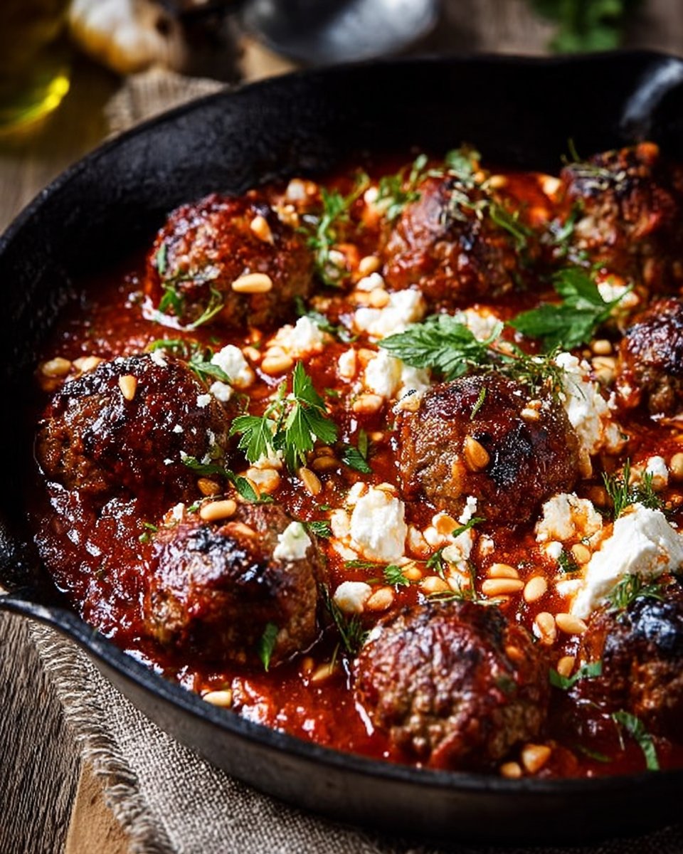Lamb & Beef Meatballs in Spiced Tomato–Mushroom Sauce with Feta & Pine Nuts
