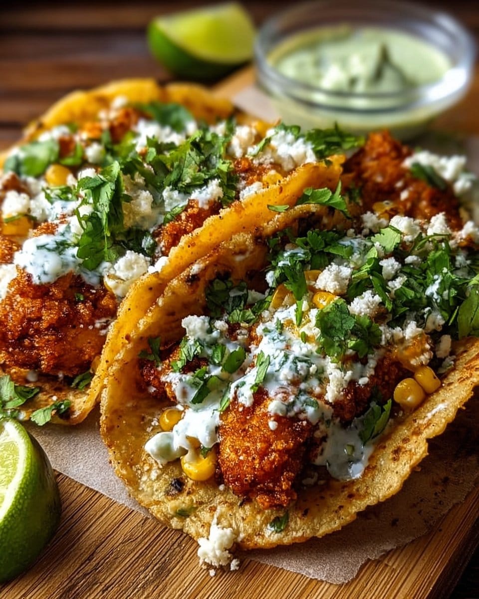 Fried Chicken Street Corn Tacos with Jalapeno Lime Ranch