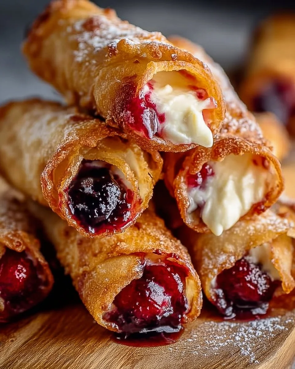 Air Fryer Cherry Cheesecake Egg Rolls served with cherry sauce