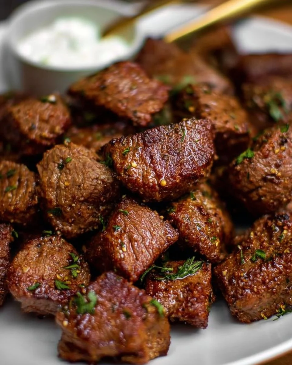 Delicious air fryer steak bites served with dipping sauce