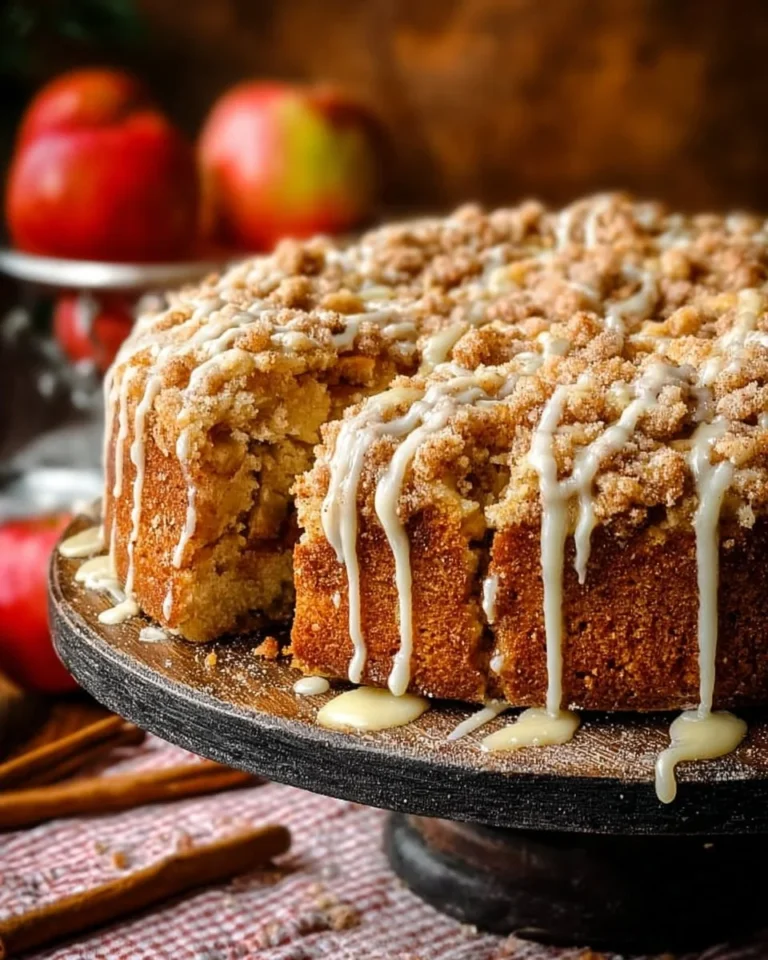 Delicious Apple Crumb Cake topped with Cinnamon Apple Drizzle