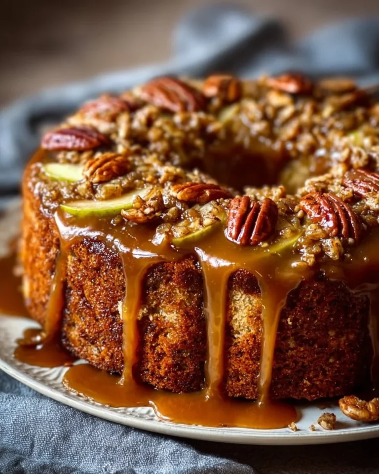 Delicious Apple Pecan Cake topped with warm caramel glaze
