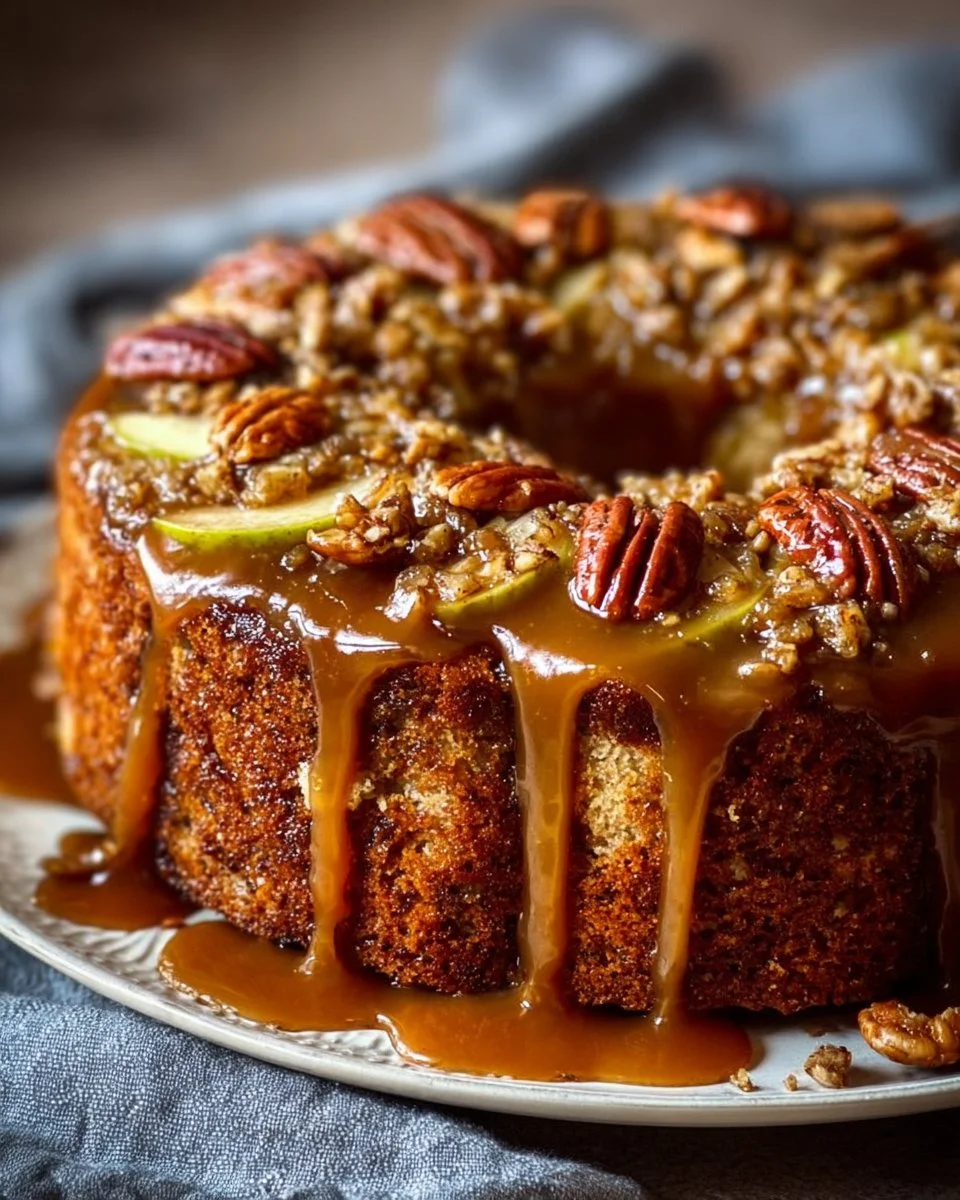 Delicious Apple Pecan Cake topped with warm caramel glaze