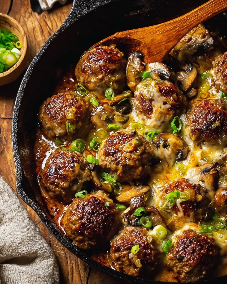 Cowboy Cheesy Green Chile Meatballs with Mushrooms – The Ultimate Comfort-Food Skillet
