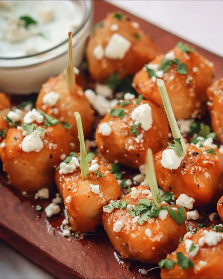 Plate of baked buffalo chicken bites, crispy and served with dipping sauce.