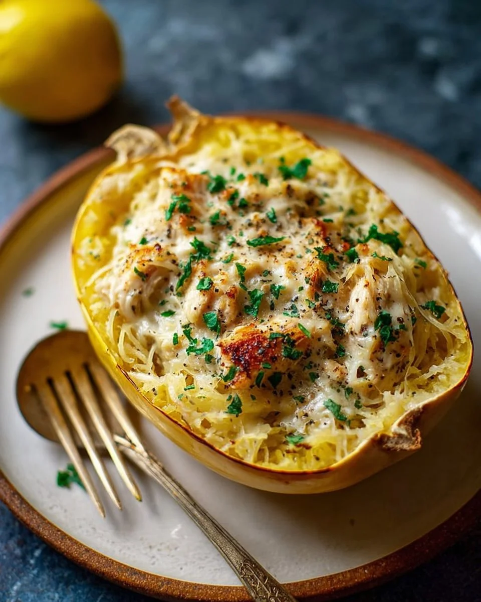 Baked Chicken Alfredo served on spaghetti squash with herbs and cheese