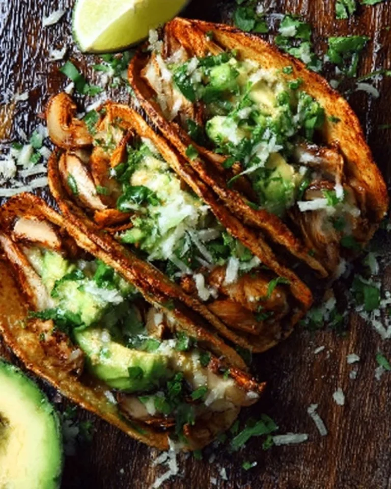 Baked chicken and mushroom tacos with avocado-jalapeño salsa