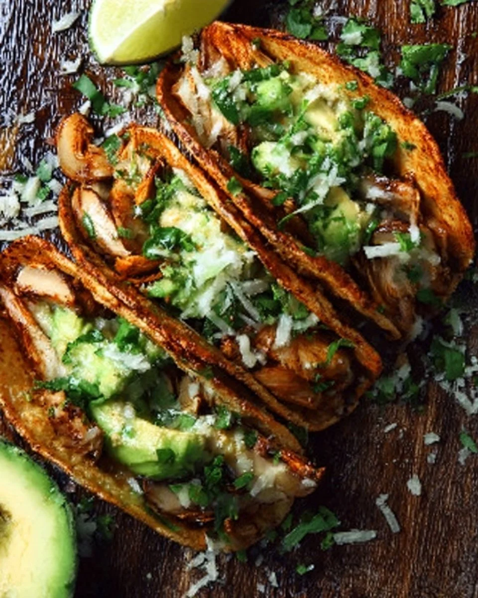 Baked chicken and mushroom tacos with avocado-jalapeño salsa