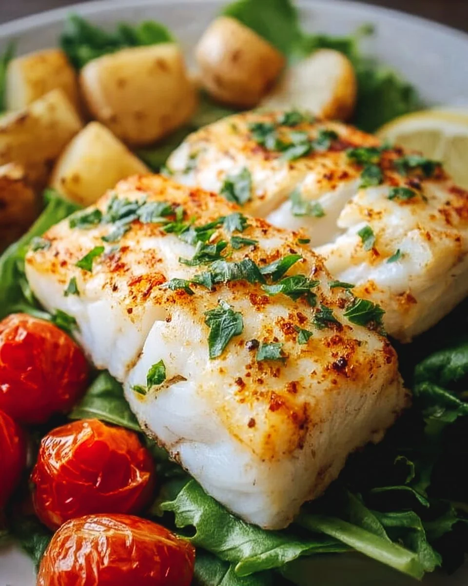 Baked halibut dinner served with vegetables and lemon slices.