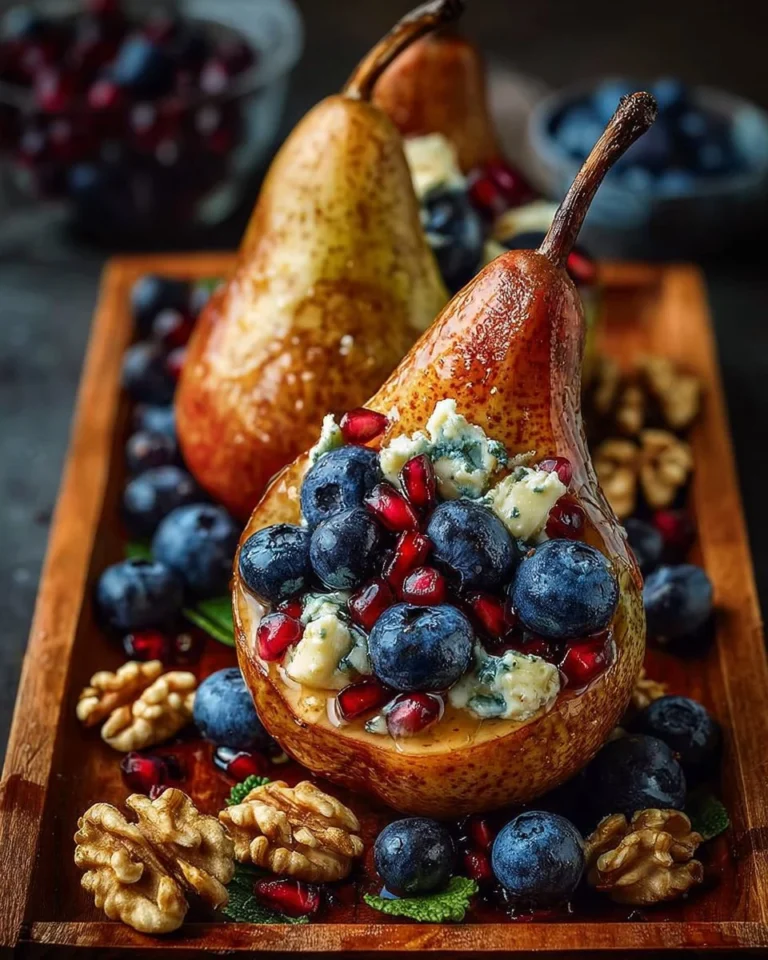 Delicious baked pear with berries and blue cheese on a plate.